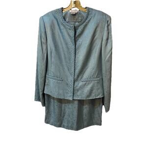 Adrianna Papell Women’s Gray Blue Size 12 100% Silk Skirt Suit Beaded 2 Pc Set
